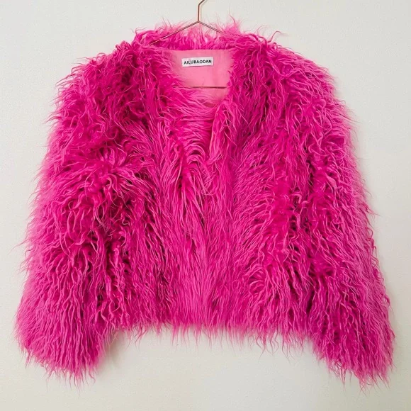 Ailubaodan Hot Pink Faux Fur Jacket Fuchsia - Picture 3 of 7